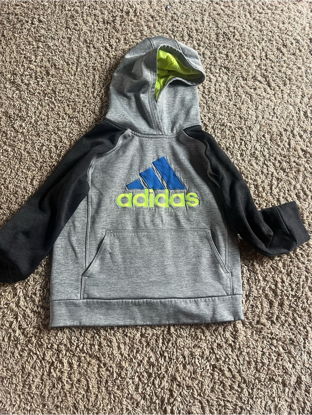 Kids adidas Gray & Black Hooded Sweatshirt with Blue and Neon Logo